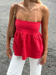 Women's Summer Tube Tops Sleeveless Strapless Solid Color Loose Bandeau Tops Casual Shirts - Red - View 1