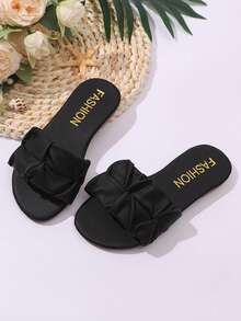 1 双儿童/幼儿黑色平底柔软 PU 波浪褶皱一脚蹬沙滩凉鞋，圆头设计，休闲家居拖鞋，适合女孩、沙滩、日常穿着、夏季 - 黑色 - 查看 2