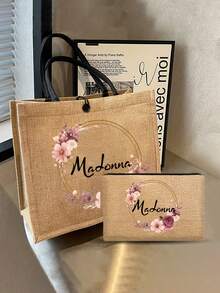 2件套定制姓名花环图案手提袋和化妆包套装，女士亚麻大容量手提袋，购物袋，便携休闲收纳手提包，适合日常出行、海滩度假，大容量购物袋，完美适用于学校、生日、大学、工作、商务、通勤、户外、旅行、度假、返校必备 - 卡其色 - 查看 5