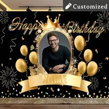 1pc Customized Black Golden Birthday Backdrop, Personalized Birthday Party Photo Poster With Name, Shiny Black Gold Background, Party Decorations Birthday Gift, Front Porch Decor And Photo Booth Props,Art Activities For Children - Multicolor - View 7