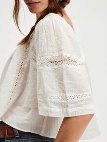 Womens Tie Front Ruffle Boho Top Flowy Sheer Short Sleeve Lace Blouses Y2k Embroidered Babydoll Button Down Eyelet Shirts Beach Fashion Going Out Tops - 白色 - 查看 3