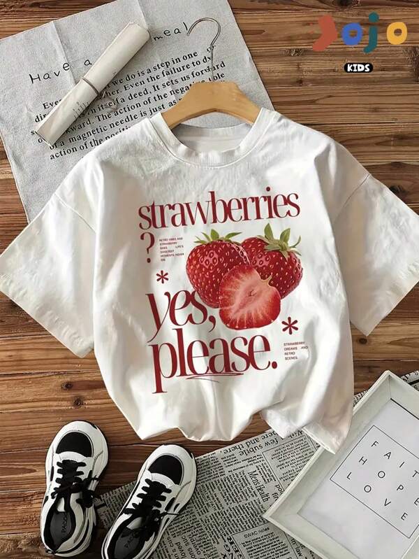 Kinder T-shirt van puur katoen, zacht en comfortabel, ronde hals, schattig, schattig, college-stijl, korte mouwen, fruit, aardbei, letter, sloganpatroon, bedrukt