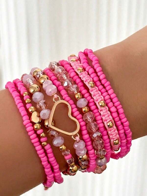 10pcs/Set Handmade Bohemian Style Beaded Heart Decor Bracelets For Women, Jewelry Set