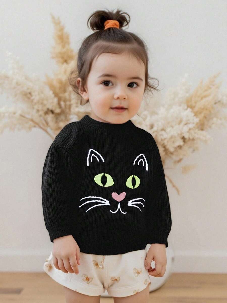 Boy Girl Halloween Sweater Cat Pattern Long Sleeve Crew Neck Knitwear Loose Pullover - 黑色 - 查看 1