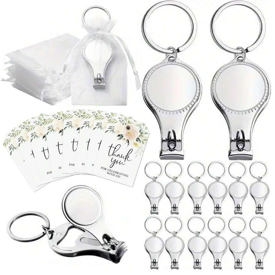 36pcs Wedding Gift Packaging Set, Includes: Organza Gift Bags (With Guest Gifts), Multifunctional Bottle Opener, Nail Clipper, Keychain, Wedding Thank You Cards, Wedding Souvenirs, Party Supplies, Bride's Party Favors, Guest Gifts - A - View 1