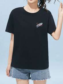 200g Pure Cotton T-Shirt 2025 Summer Ladies New Short Sleeve Pure Cotton Holiday Pattern Short Sleeve Round Neck Couple Wear Small Shirt Tops - 黑色 - 查看 3