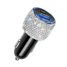 1个双USB车载充电器，手工闪亮水晶钻石汽车装饰，5V快充适配器，兼容安卓/智能手机