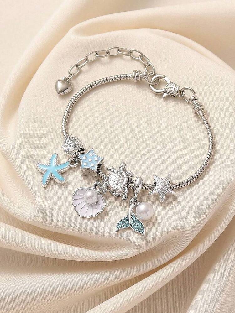 This Fashionable And Unique Handmade Beaded Bracelet Is Decorated With Rhinestones, Seashells, Starfish, Faux Pearls, Stars, Whale Tails, And Sea Turtle Pendants, Designed Specifically For Women. It Features An Adjustable And Detachable Copper Chain, Making It Perfect For Wearing To The Beach, On Vacation, To Parties, For Casual Occasions, And Daily Wear. It Also Makes A Great Gift. - Blue Ocean - View 3