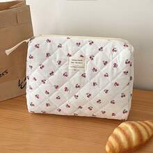 3pcs Makeup Bag Quilted Cosmetic Bag Silk Ribbon Large Floral Make Up Bag For Women Bow Cotton Makeup Bag Set Flower Travel Toiletry Bag - trắng - Xem 8