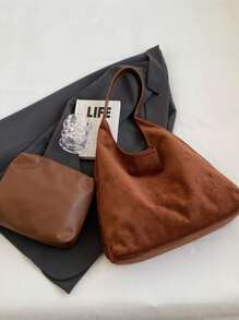 2 Pieces Set With Coin Purse Vintage Suede Tote Bag, Large Capacity Casual Shoulder Handbag, Patchwork Color Block Design Tote Bag, Versatile For Commuting, Shopping, Suitable For Office, College, Work, Business, Outdoor Activities, Travel For Young Women, Students, Office Ladies