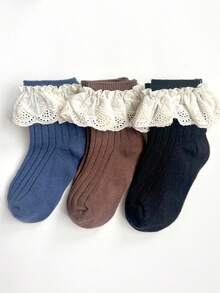 3 pares de calcetines cortos de color liso con ribete de encaje para niñas, para todas las estaciones - Multicolor - Ver 17