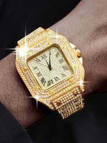 1 Stück Mode Luxus Volldiamant Herren Stahlgürtel Business Kalender Herren Quarzuhr, geeignet für Business, Partys und den täglichen Gebrauch, das perfekte Geschenk für Männer.