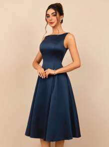 MOEVIO Women's Elegant Round Neck Satin Backless Aline Short Formal Evening Prom Cocktail Mini Dress Wedding Guest Bridal Shower Graduation Vacation Gown, Fall Homecoming Back-To-School Occasional Halloween Christmas New Year Dresses For Women