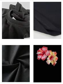 Men's Casual Floral Print TShirt With Vibrant Hibiscus Flower Design,Comfortable Cotton Blend Tee For Summer,Stylish Graphic Top For Everyday Wear Perfect Gift For Him,Unique Artistic Floral Tee For Men,Summer Holiday Essential TShirt. - 黑色 - 查看 4