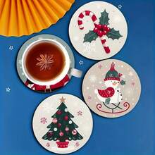 8/6 Pcs Christmas Themed Round Wooden Coasters, Suitable For Beverages, Tea And Coffee Cups, Featuring Simple Santa Claus Patterns, Great For Home And Restaurant Decoration, Essential Holiday Gift Home Decor Christmas Decorations Room Decor - Multicolor - View 6