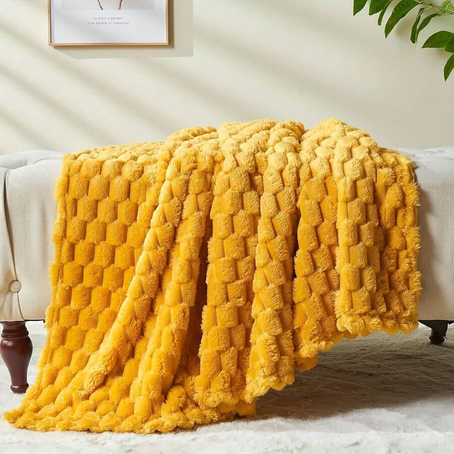 1 pieza Manta de franela y lana cómoda - Súper suave, ligera, adecuada para todas las estaciones con diseño de jacquard hexagonal, adecuada para Halloween en el hogar, Navidad, camping y viajes, Día de la Madre, amarillo brillante, accesorio de decoración de moda para dormitorio