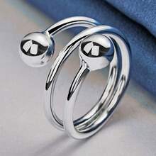 925 Sterling Silver Plated Ring With Double Beads Design Opening Ring For Ladies Fashion Jewelry Creative Accessory For Daily Wear & Vacation Idea Gift - Silver - View 1