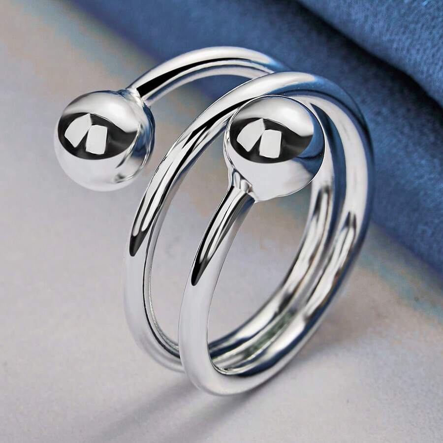925 Sterling Silver Plated Ring With Double Beads Design Opening Ring For Ladies Fashion Jewelry Creative Accessory For Daily Wear & Vacation Idea Gift - Silver - View 1
