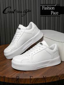 Men's Minimalist Style Casual Lace-Up Height Increasing Sneakers, Lightweight & Comfortable For Daily Walking, Suitable For Youths, Outdoors, All Seasons And Couples - White - View 5