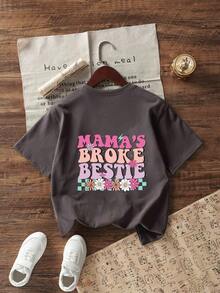 Tween Girls' Casual Funny Print Round Neck Short Sleeve T-Shirt, Summer Top - Dark Grey - View 5