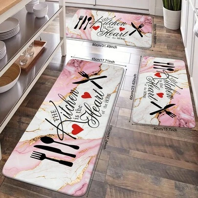 1/2/3 PC Pink Marble, Heart-Shaped Knife And Fork Pattern Absorbent Kitchen Mat, High-End Printed Kitchen Soft And Comfortable Standing Mat, Moisture-Absorbent And Anti-Slip, Durable And Stain-Resistant, Suitable For Bathroom Door, Kitchen, Dining Room, Coffee Shop Carpets, As Well As Living Room, Bedroom And Entry-Level Home Decoration Carpets