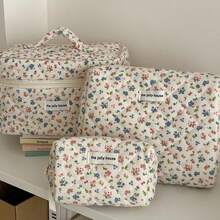 3pcs Makeup Bag Quilted Cosmetic Bag Silk Ribbon Large Floral Make Up Bag For Women Bow Cotton Makeup Bag Set Flower Travel Toiletry Bag - 彩色 - 查看 1