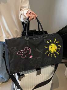 Thickened Canvas Cartoon Graffiti With Childlike Patterns, Wear-Resistant, Multi-Level, Large Capacity, Ultra Light, Foldable, Multifunctional, Zippered Single Shoulder Crossbody Handbag, Travel Bag, Luggage BagSuitable For Shopping, Wallet, Shopping, Young Women, College Students, Newcomers, White-Collar Workers. Very Suitable For Office, College, Work, Business, Commuting, Outdoor Activities, Travel And Outings
