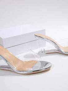 女士夏季新款高跟拖鞋透明厚底拖鞋时尚不对称水晶高跟凉鞋