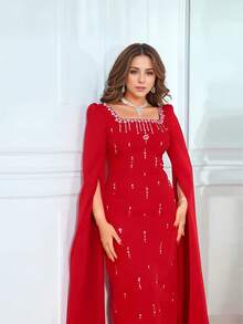 Women Cape Full Sleeve Sparkling Rhinestone Party Dress Sexy Night Birthday Elegant Evening Formal Dress - Red - View 4