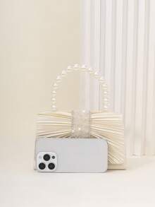 Bolsa de Embreagem Decorada com Cristais e Contas Elegante e Clássica, Bolsa de Embreagem para Festa Feminina, Bolsa de Festa Elegante com Alça de Pérola Falsa, Bolsa de Festa Quadrada Laqueada Refinada, Adequada para Festas, Galas e Eventos Formais, Um Presente Ideal para Mulheres. Carteira de Festa com Fecho Brilhante, Adequada para Carnavais, Casamentos, Festas e Bailes. - Champanhe - Visão 4