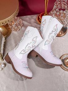 1双儿童火焰图案亮片饰边仿皮靴，中筒拉链，低跟，西部牛仔风格，适合休闲/派对穿着 - 白色 - 查看 3