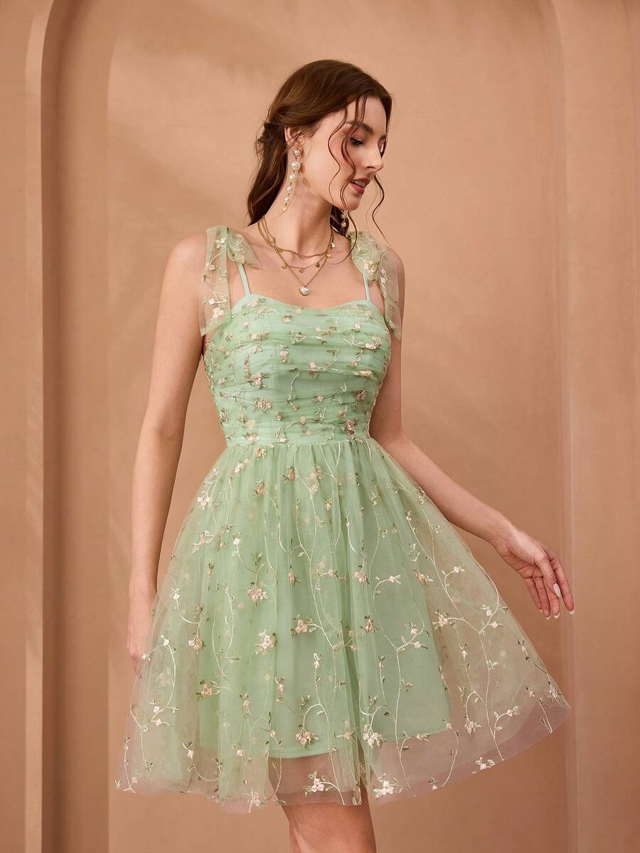 Mgiacy、新品、刺绣、优雅、伴娘礼服、蝴蝶结、荷叶边、迷你连衣裙、适合、婚礼嘉宾 - 綠色 - 查看 1