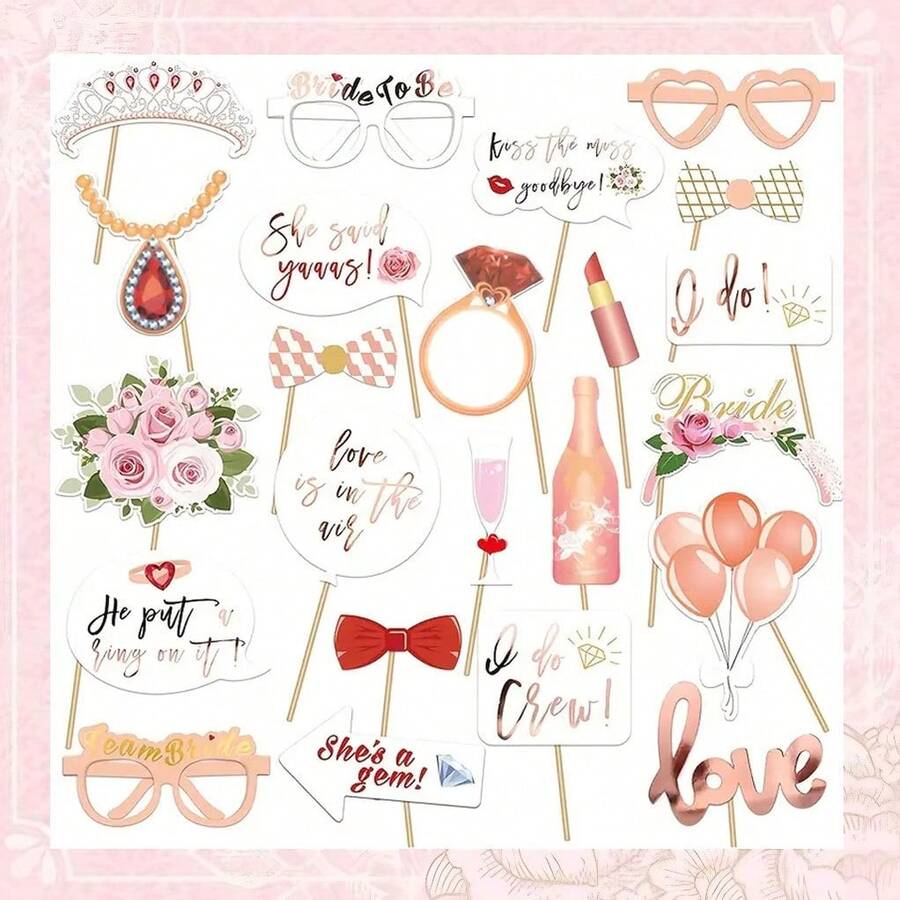 23PCS Set Of Bridal Wedding Photo Supplies, Wedding Photo Booth Props, Rose Gold Bachelor Party Decorations, Suitable For Brides To Be, Parties, Gift Accessories, Wedding Gift Supplies, Wedding Decorations, Festivals