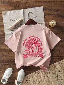 Tween Girls' Tropical Print Round Neck Short Sleeve T-Shirt, Summer Top - Pink - View 3