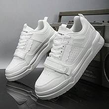 WANWEISI Chaussures de skateboard pour hommes - Chaussures de skate style bas, motif de litchi en boucle et crochet, baskets plates décontractées - Chaussures plates blanches unies pour hommes - Chaussures - Bottes de sport - Chaussures blanches - Chaussures pour hommes - Convient aux activités quotidiennes, aux loisirs extérieurs et plus encore - Blanc - Voir 4