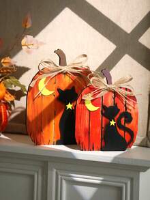 1 pezzo/2 pezzi Decorazione da tavolo in legno a forma di zucca e gatto per Ognissanti e Ringraziamento - Decorazione rustica da interno per l'autunno con luna, stelle e fiocchi di iuta per scaffali, camino, mensole, esposizione autunnale domestica
