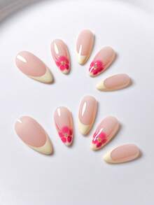 10片装夏季简约可爱黄色法式手绘渐变花卉美甲贴片，适合女性和女孩，优雅奢华杏仁形自粘美甲贴片，适合日常、上学、派对佩戴，手工美甲贴片 - 黃色 - 查看 5