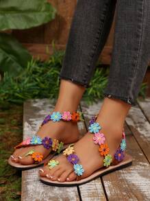 Sandalias planas de verano tipo anillo para el dedo del pie, de estilo bohemio y color oro rosa, para mujer de talla grande