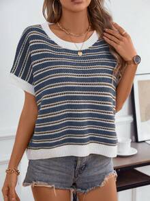 Women's Casual Commute Knit Striped Sleeveless Hollow Round Neck Regular Loose Tank Top, Butter Yellow Basic Summer Apparel (Pattern Randomized) - Blue - View 5