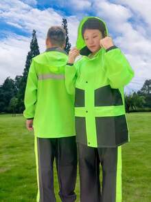 1 套优质加厚双层透气雨衣和裤子，骑行/徒步旅行，带帽，反光条，防水 - 綠色 - 查看 9