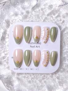 10 Móng Tay Kiểu Pháp Xanh Lá Cây Tươi Mát Và Lấp Lánh, Họa Tiết Mắt Mèo, Hoa Văn Tinh Tế, Gel Kéo Tạo Hiệu Ứng Sóng Nước, Bề Mặt Móng Màu Hồng Phấn Trang Trí, Hoa Năm Cánh Trắng Và Vỏ Sò Vàng Đính Kèm, Vòng Tròn Bột Gương Vàng Lấp Lánh, Hạt Thép Nhỏ Sọc Chuyển Màu Dễ Thương Và Cao Cấp, Móng Tay Dán Thủ Công, Móng Tay Dán Tự Làm. - màu xanh lá - Xem 9
