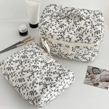 3pcs Makeup Bag Quilted Cosmetic Bag Silk Ribbon Large Floral Make Up Bag For Women Bow Cotton Makeup Bag Set Flower Travel Toiletry Bag - 黑與白 - 查看 4