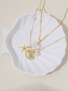 2pcs/Set Fashion Metal Starfish, Pearl & Shell Necklace Beach Jewelry Accessories