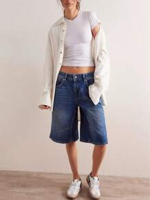Women Long Baggy Jean Shorts Y2k Vintage Straight Leg Casual Knee Length Denim Bermuda Shorts Jorts With Pockets