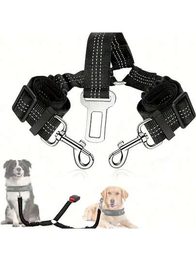 Dubbelt hundkoppel justerbart dragrem för fordon elastiskt skydd stötsäkert dragrem för husdjur i bilen.