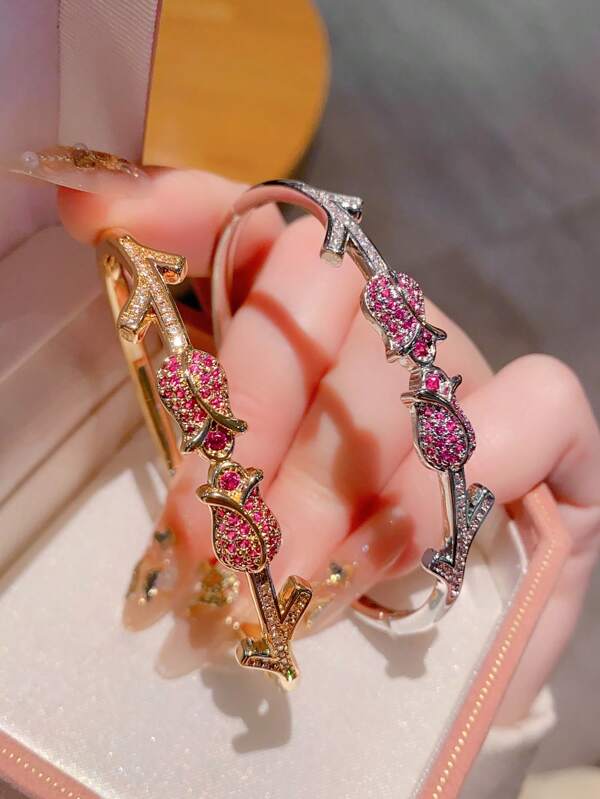 1pc Fashion European & American Colorful Cubic Zirconia Creative Rose Flower Elegant Sweet Style Versatile Jewelry Gift For Women