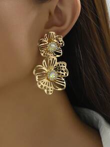 1 对金色耳环，简约奢华金色花朵设计耳环，适合女士，适合春夏季