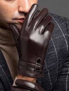 1 Pair Solid Color Casual PU Leather Men's Full Finger Touchscreen Gloves, Faux Sheepskin Faux Leather PU Gloves For Outdoor Sports Cycling, Windproof Waterproof Warm Autumn Outfits