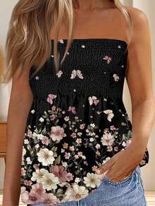 Women's Smocked Ruffle Tube Tops Floral Print Strapless Bandeau Tops Flowy Hem Shirts - Black - View 3
