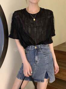Women Casual Minimalist Textured Solid Color Short Sleeve Shirt
